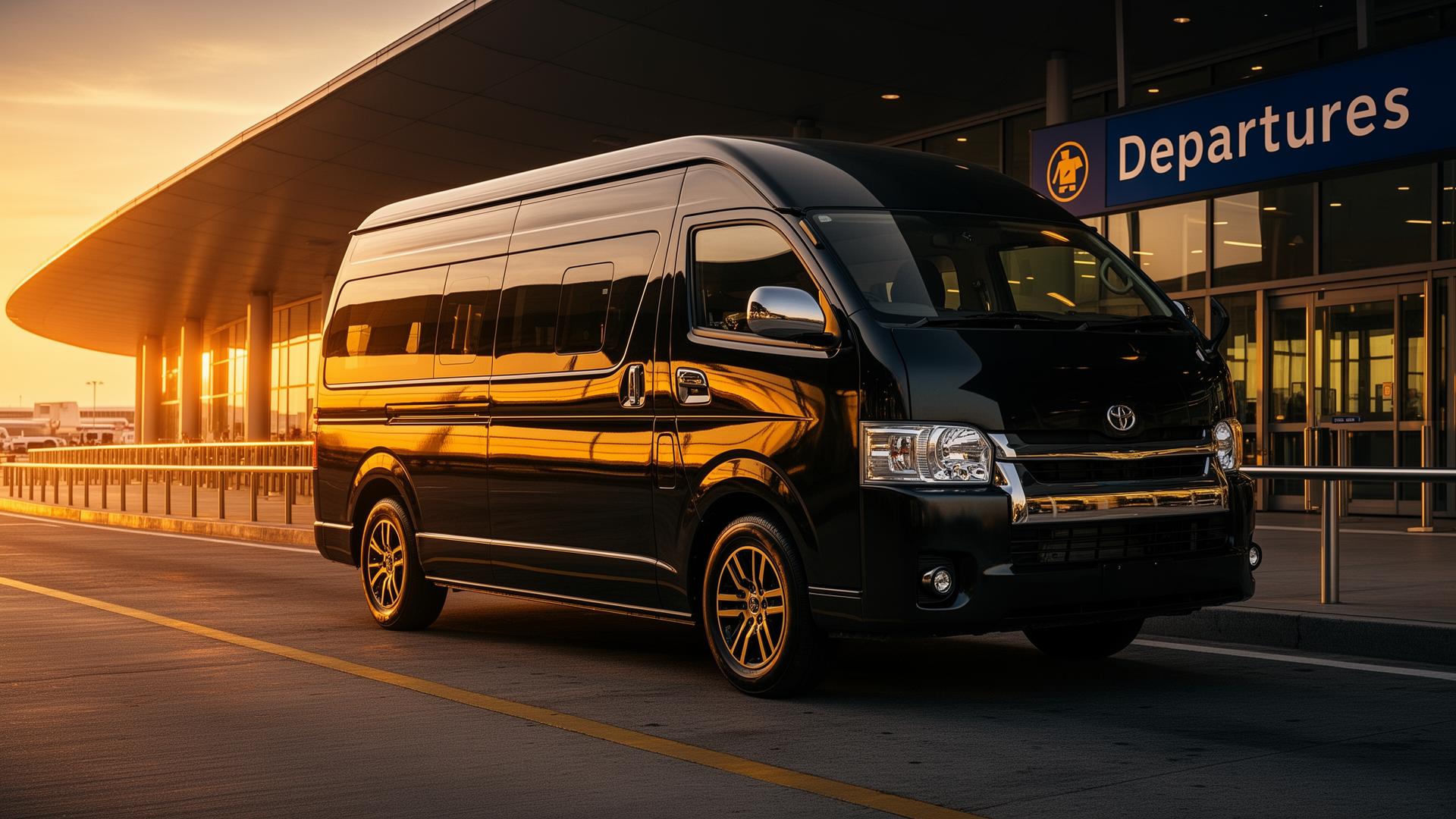 Luxury black shuttle van at airport terminal